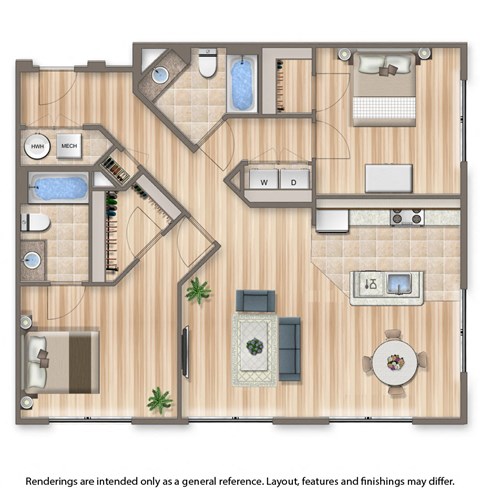 Floor plan for 2 beds, 2 baths, 1018 sqft